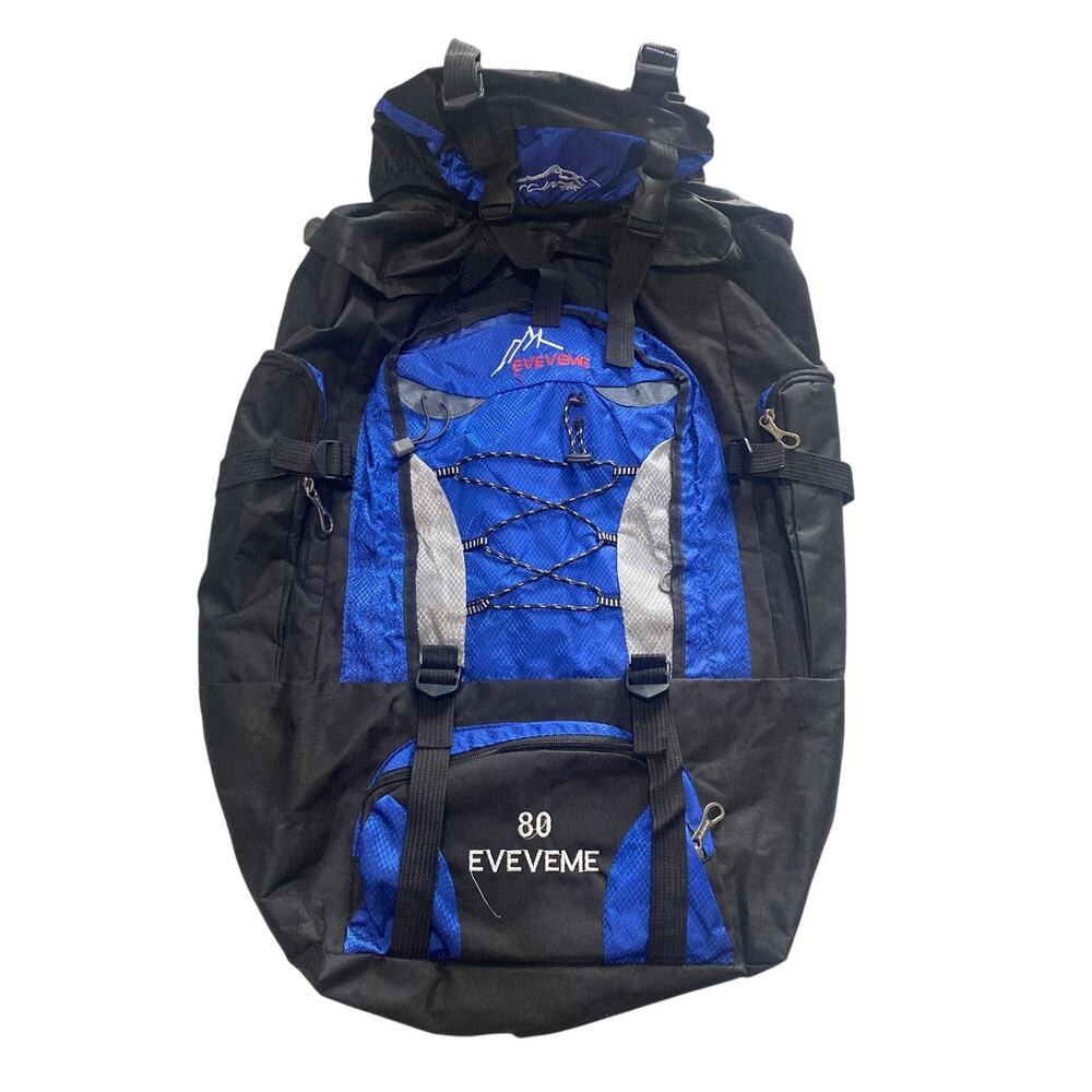 EVEVEME 80L Internal Frame Backpack Black Blue Hiking Camping Travel Rucksack
